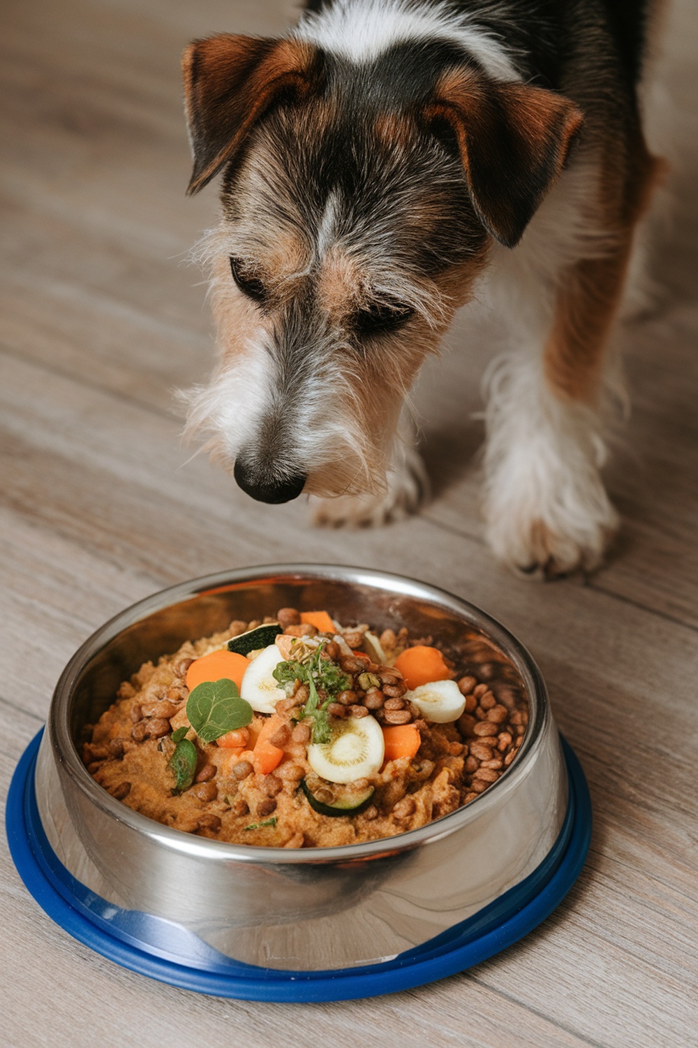 A terrier dog looking at a bowl of vegetable and lentil mash.