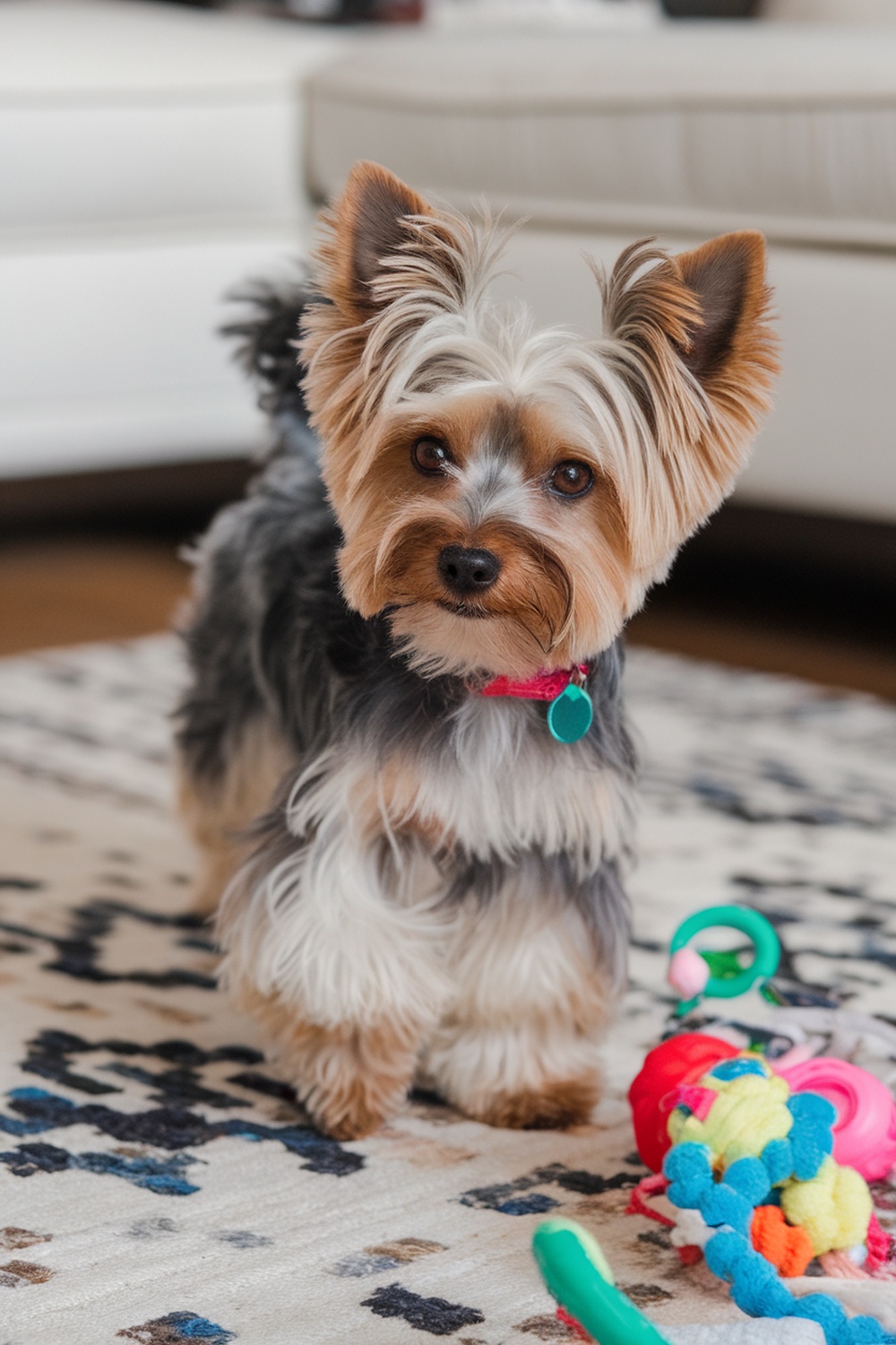 A Yorkshire Terrier and Poodle mix standing on a rug with toys around.