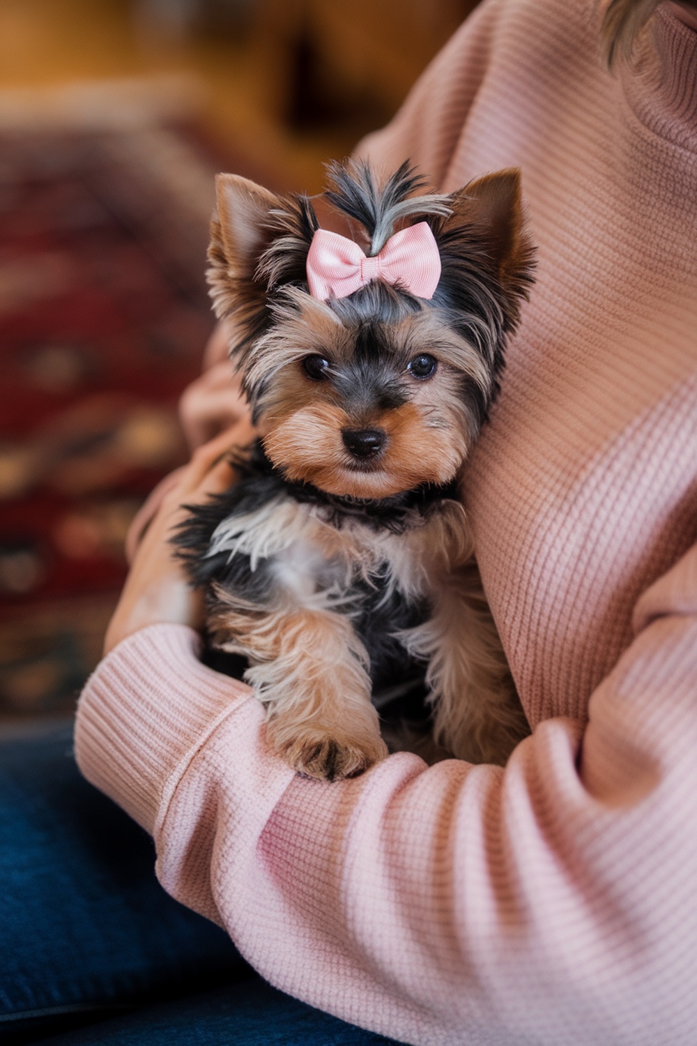 A Yorkie puppy with a pink bow being held by its owner.