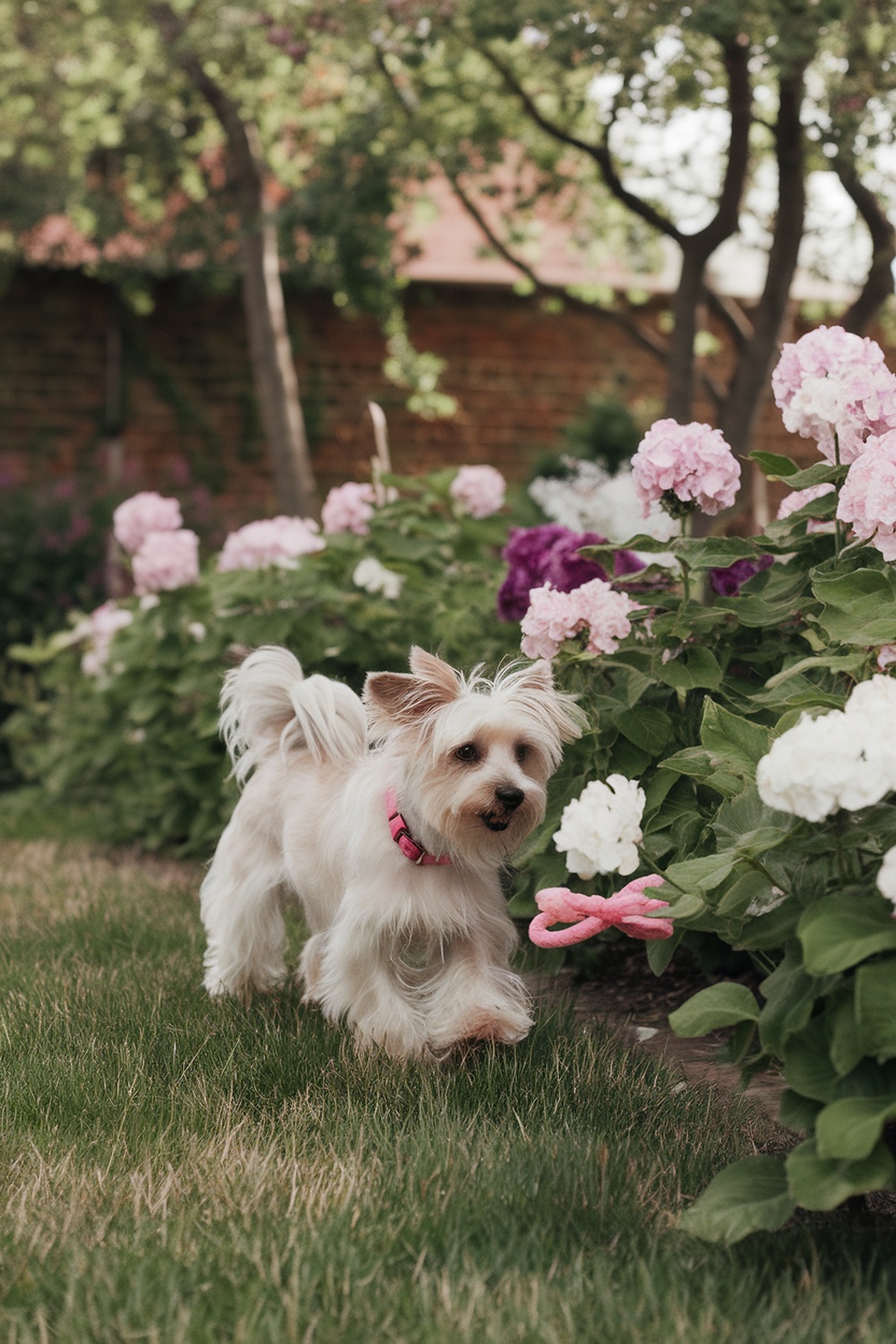A Maltese and Yorkshire Terrier mix dog playing in a garden with flowers.