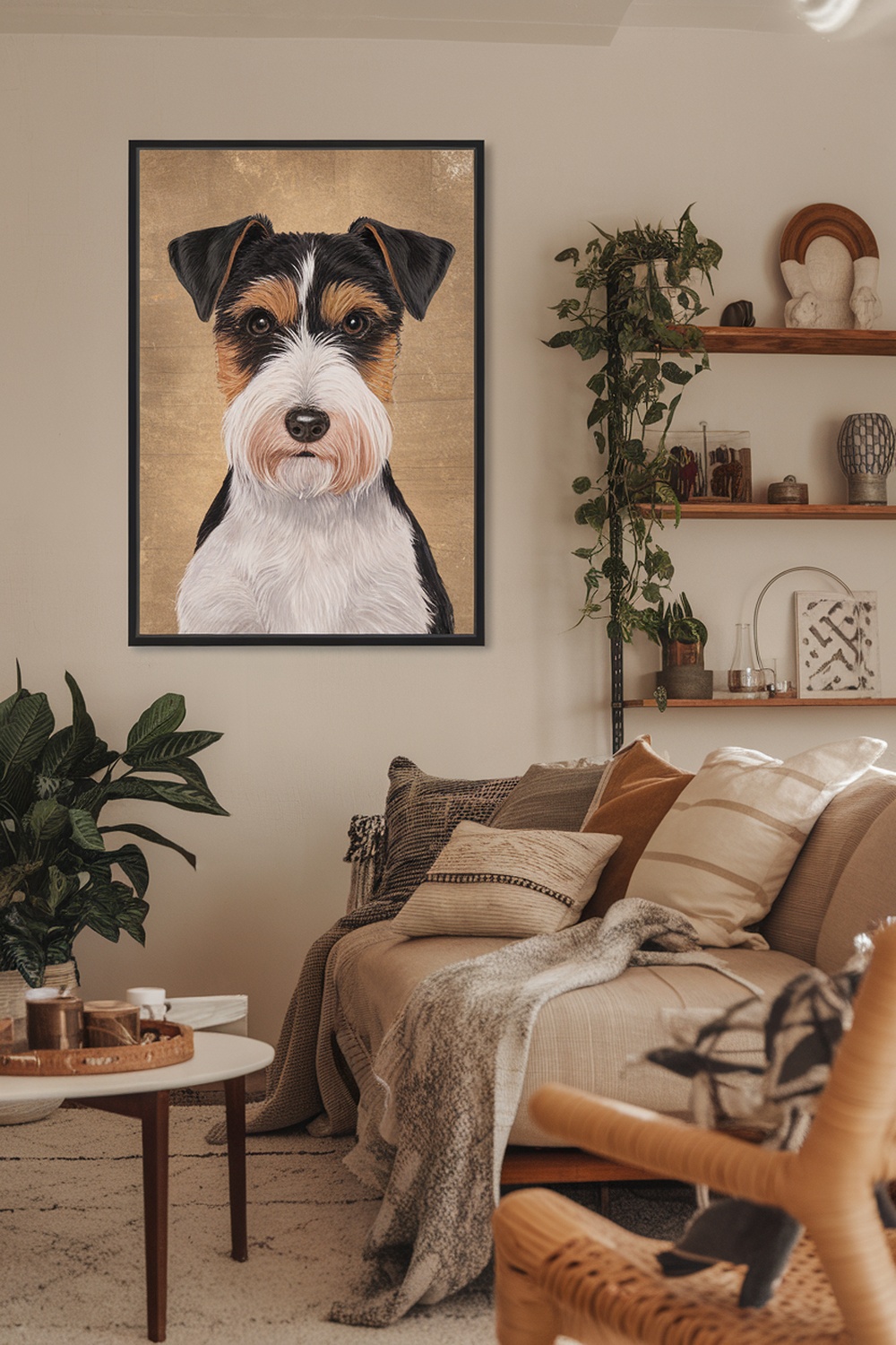 A framed portrait of a terrier dog on a wall in a cozy living room setting.