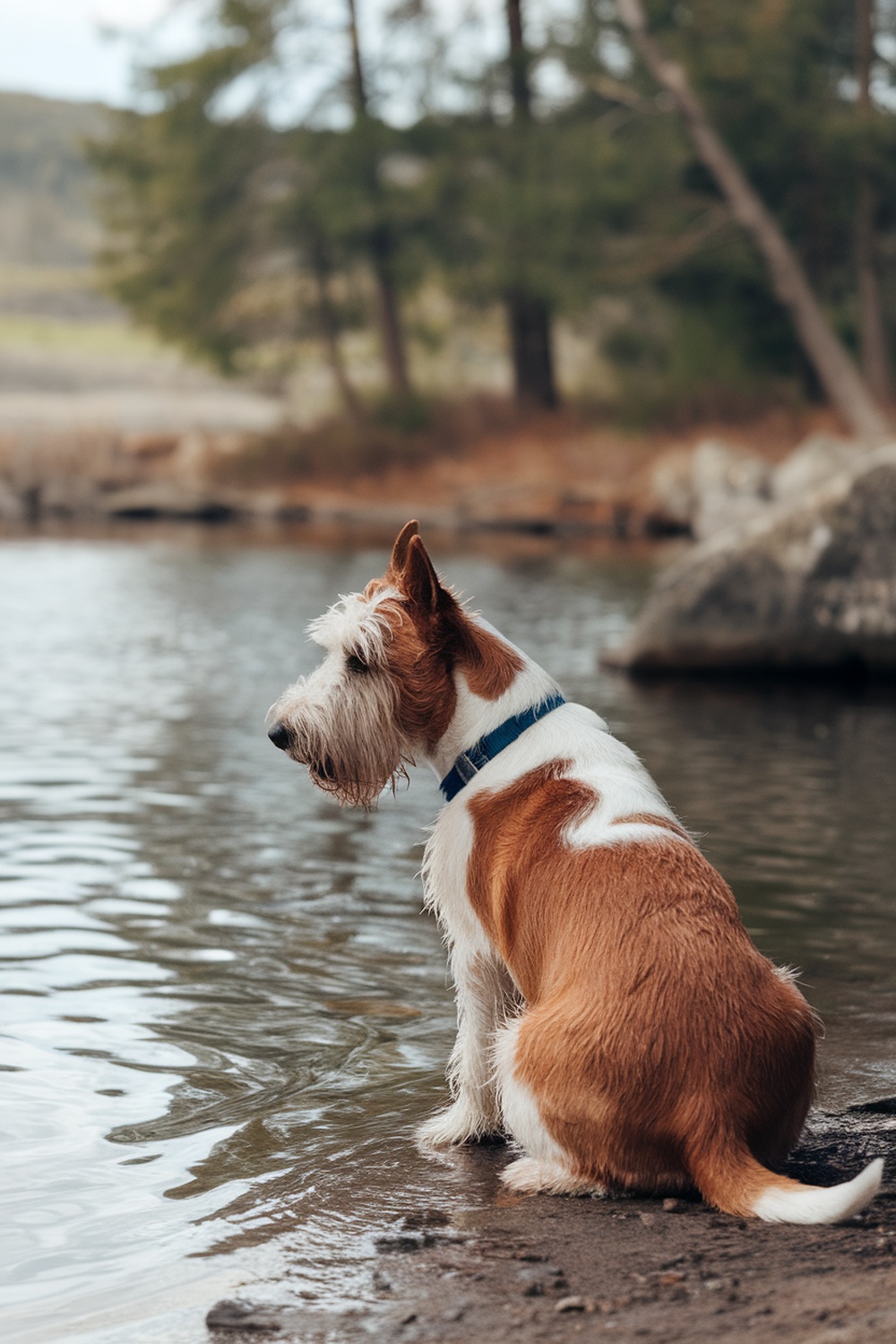 A Scottish Terrier and Labrador Retriever mix sitting by the water.