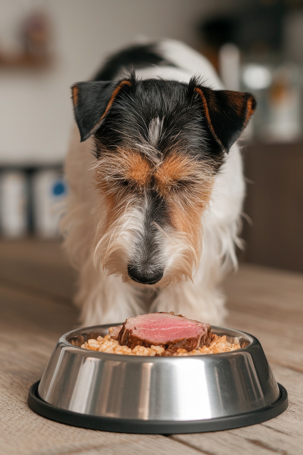 A terrier dog looking at a bowl of food with lamb on top.
