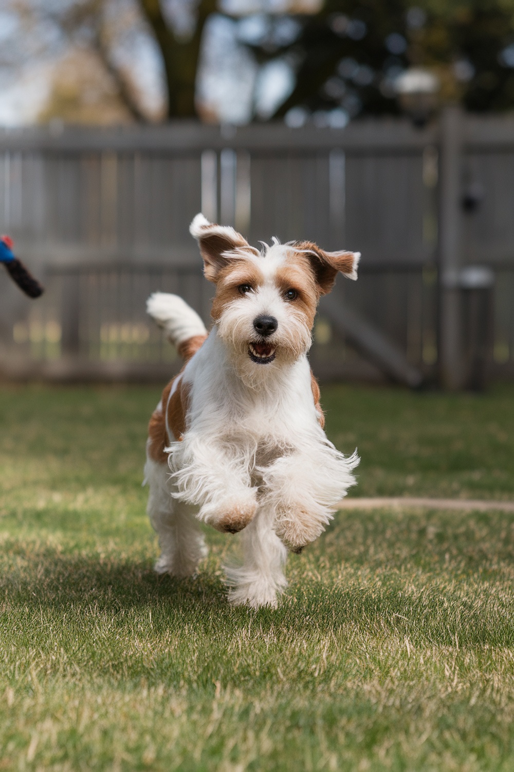 A Teddy Roosevelt Terrier running happily in a grassy area.