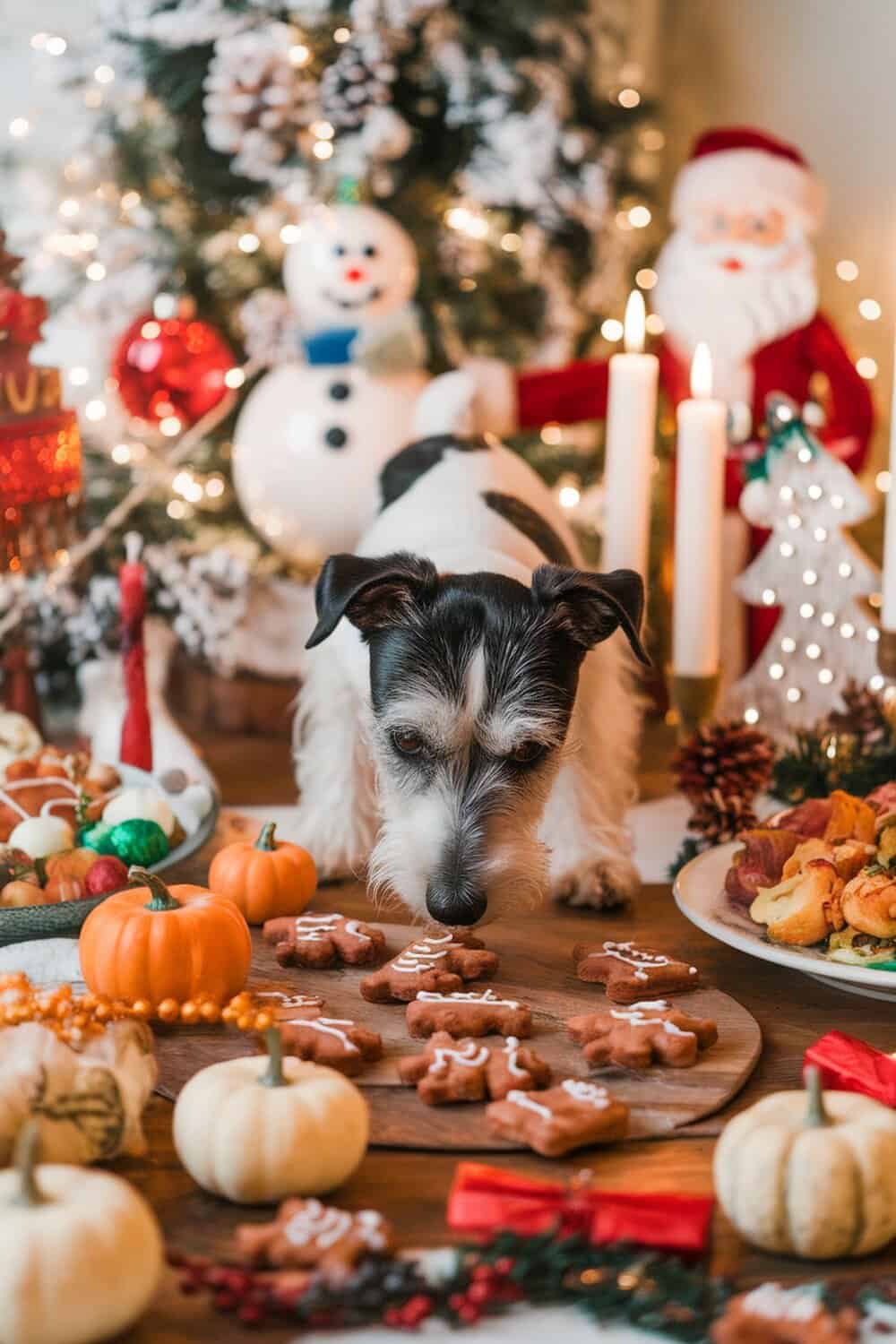 A Terrier dog curiously looking at homemade holiday dog treats on a festive table.