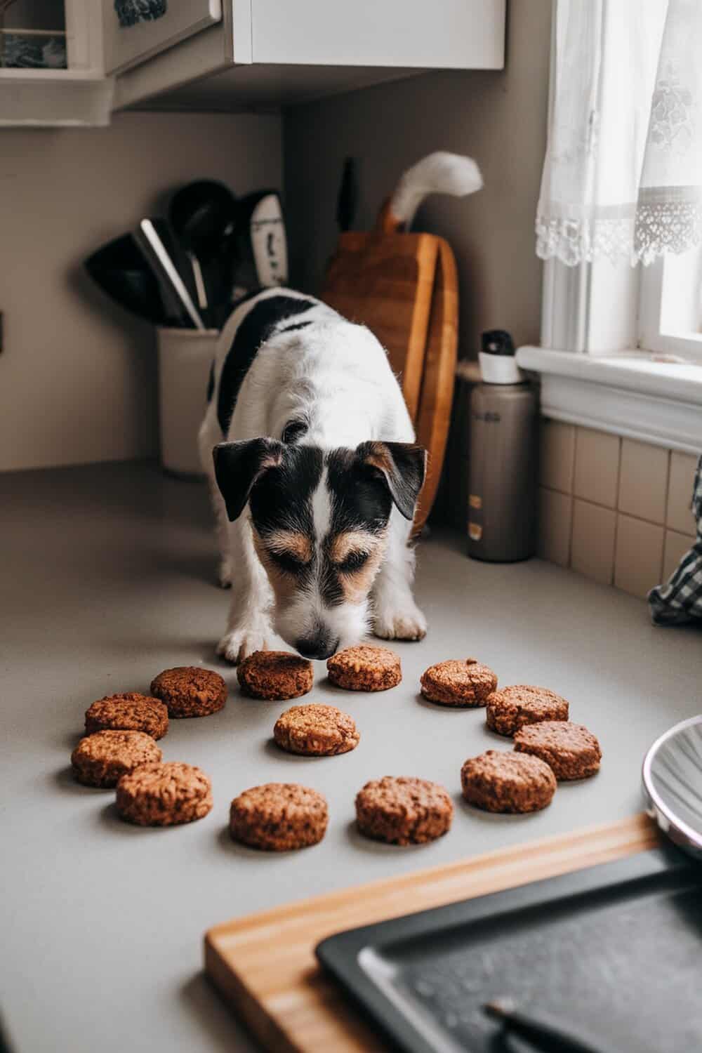A Terrier dog sniffing homemade carob and oat cookies arranged in a circle on a kitchen counter.