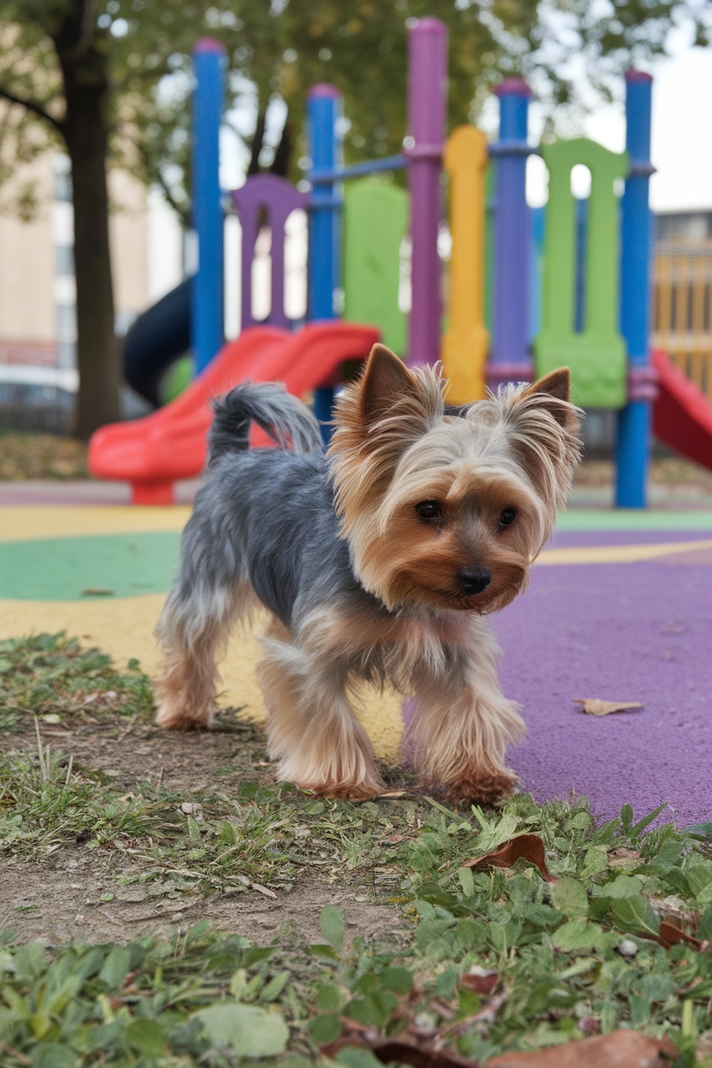 A Yorkshire Terrier walking in a colorful playground.