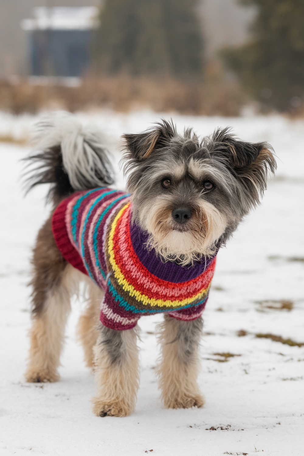 A terrier dog wearing a colorful striped sweater in the snow.
