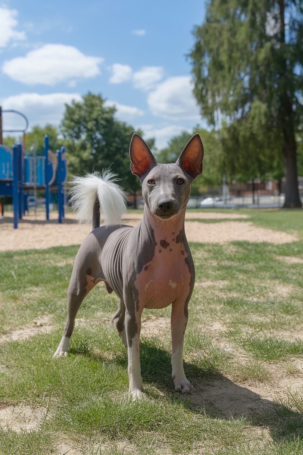 An American Hairless Terrier standing in a park with a playful expression.