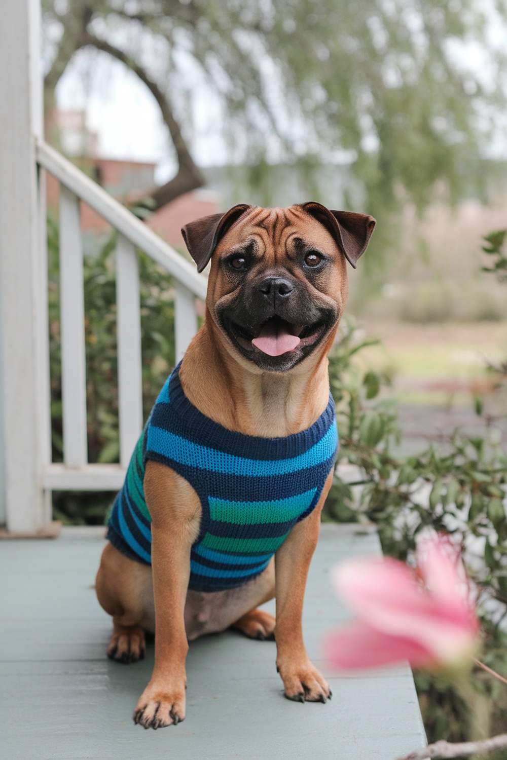 A Glen of Imaal Terrier and Pug mix sitting on a porch, wearing a striped sweater.