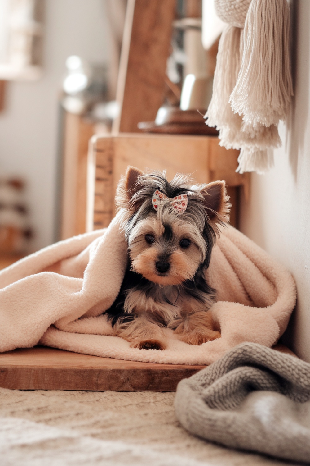 A Yorkie puppy with a bow sitting on a blanket.