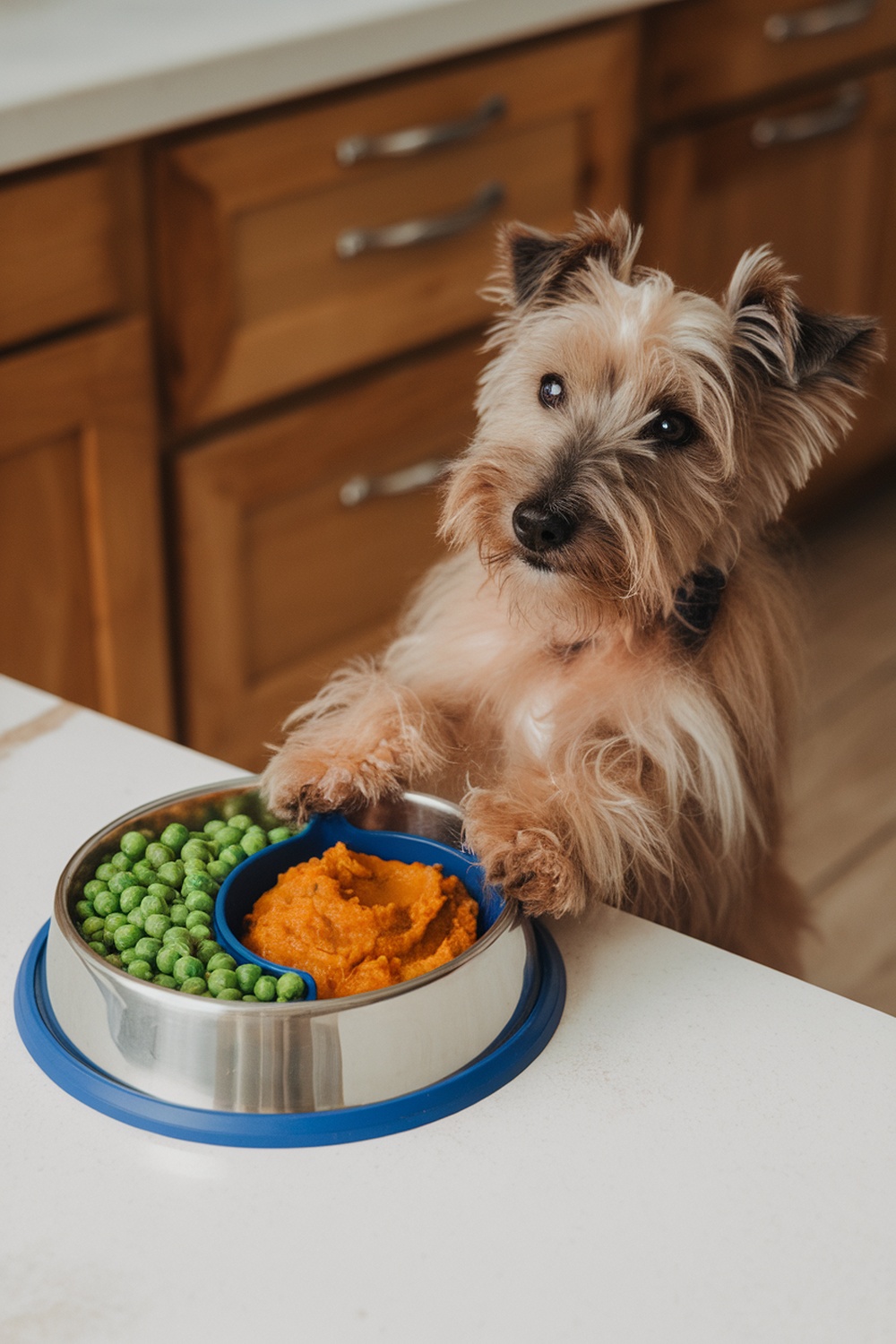 A terrier dog looking at a bowl of peas and pumpkin puree on a kitchen counter.