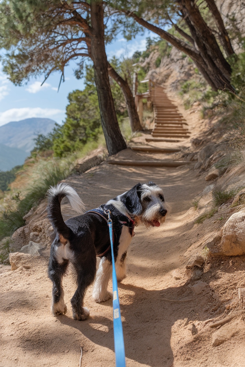 A Kerry Blue Terrier and Beagle mix dog on a trail, looking back at the camera.