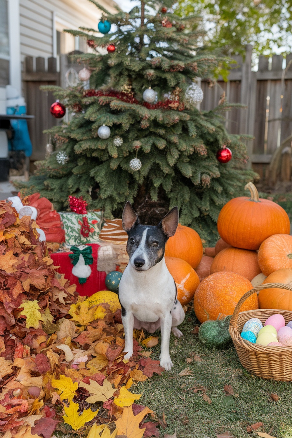A Rat Terrier sitting in front of a decorated Christmas tree with pumpkins and autumn leaves.