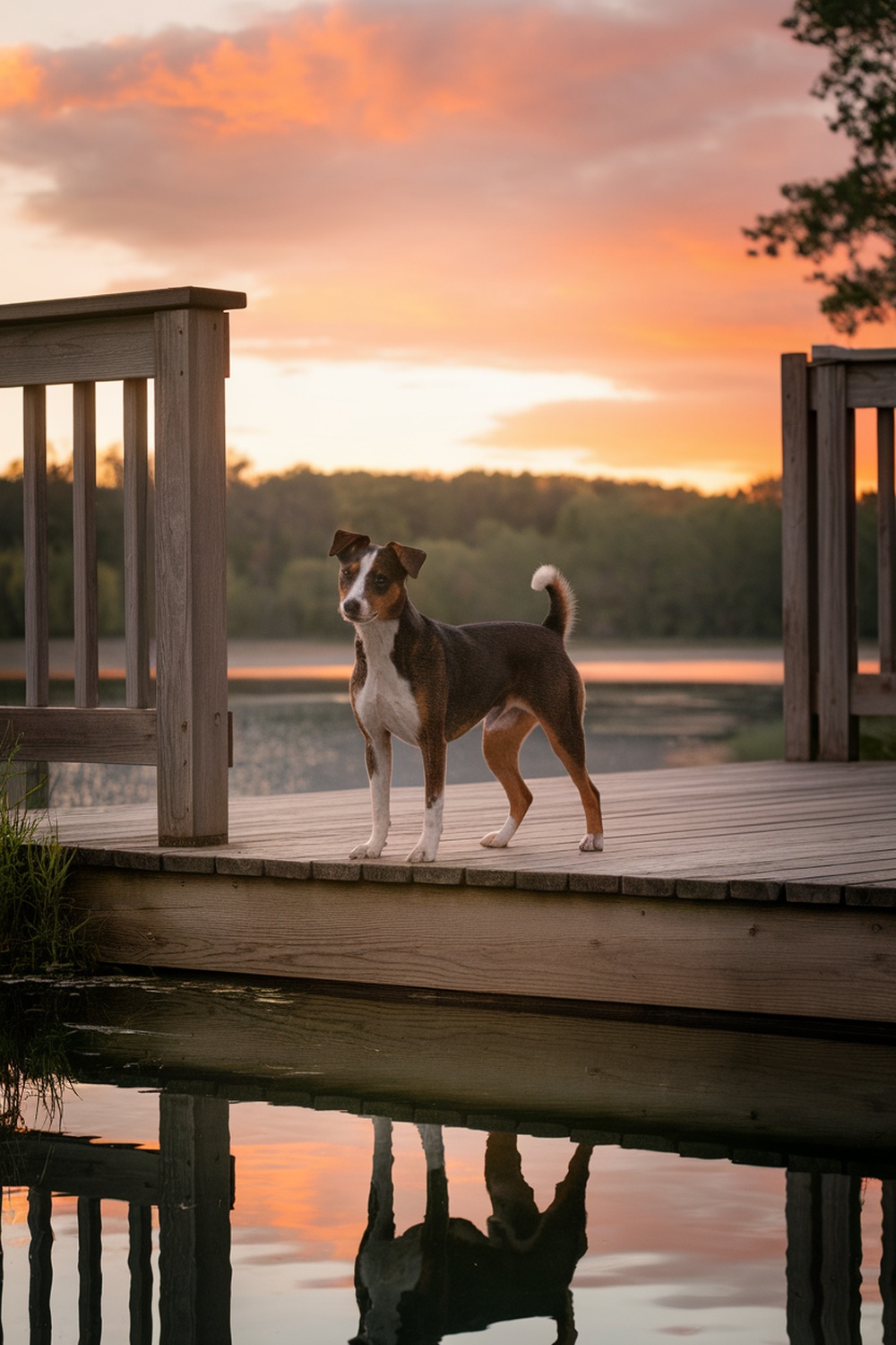 A Miniature Pinscher mix standing on a wooden deck by a lake during sunset.