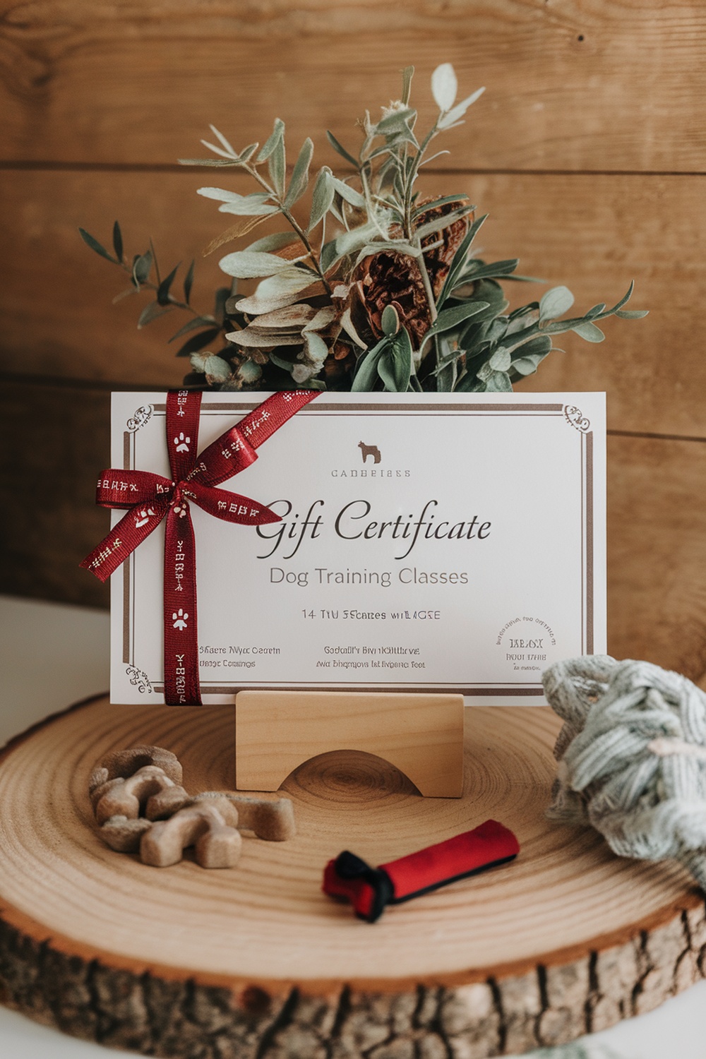 A gift certificate for dog training classes with a red ribbon on a wooden stand.