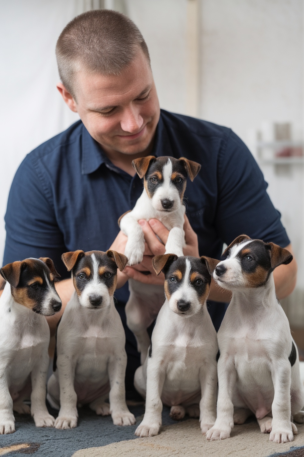 A person holding a puppy surrounded by four other puppies.