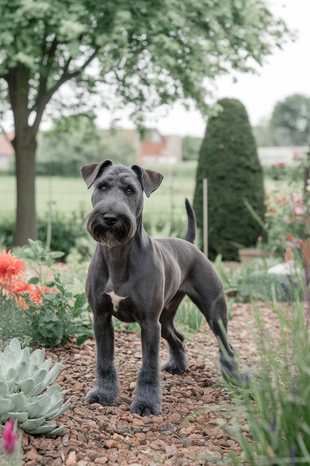 A Kerry Blue Terrier standing in a garden, showcasing its unique curly coat and playful demeanor.