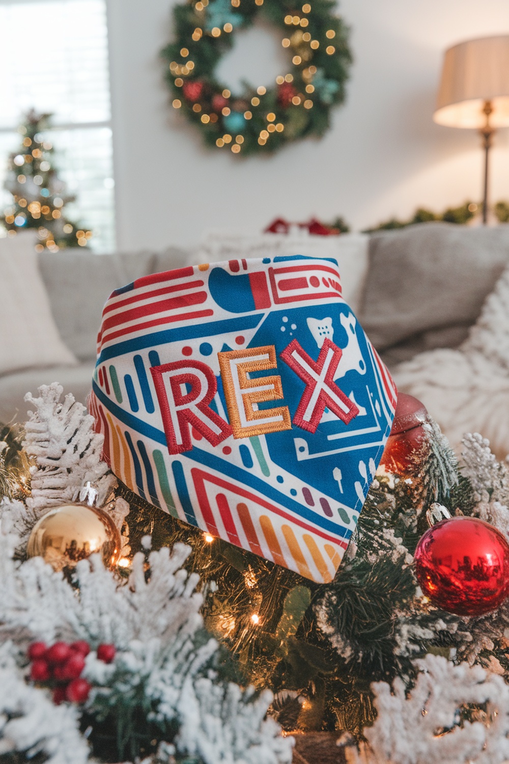 A colorful personalized dog bandana with the name 'REX' displayed, surrounded by festive decorations.
