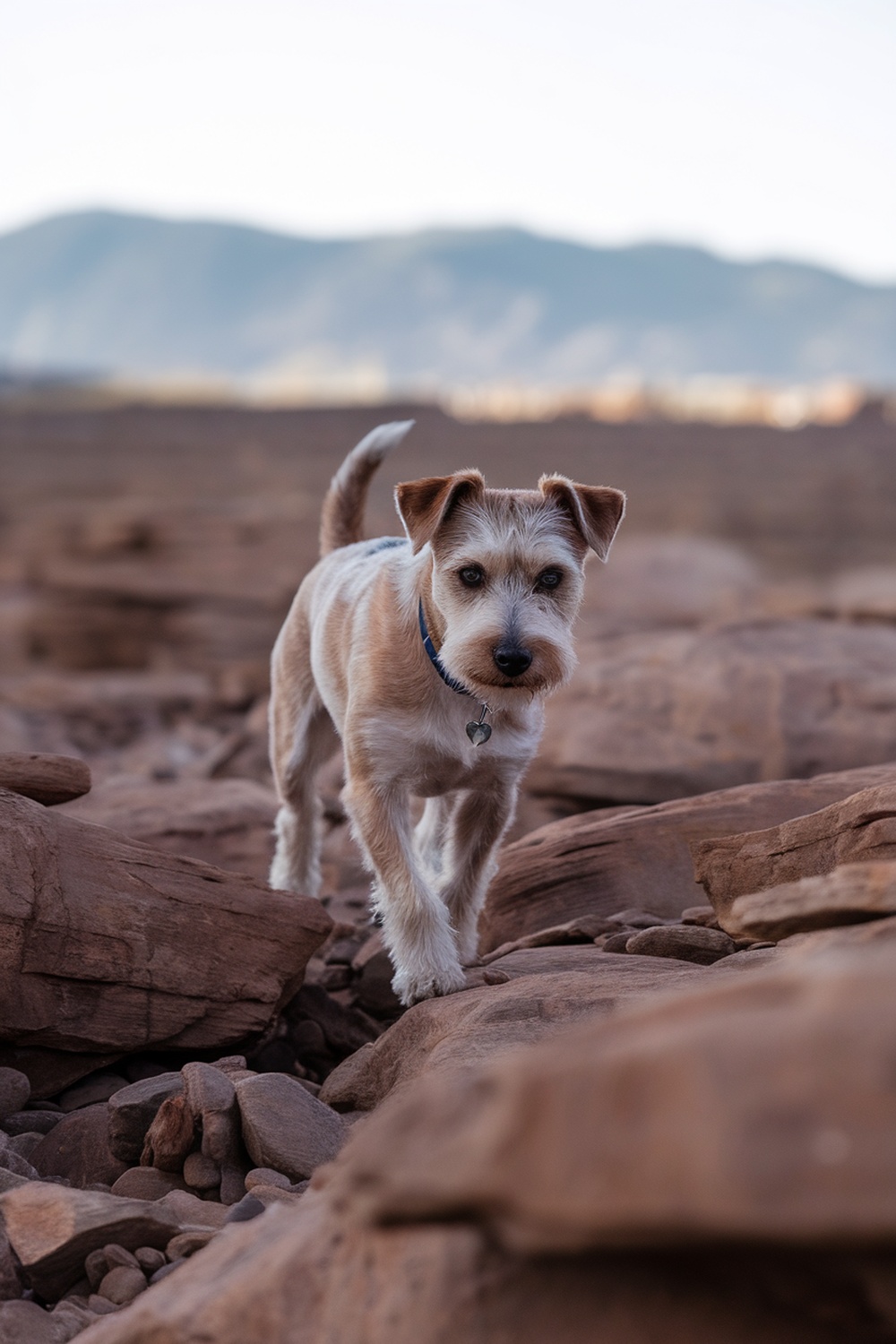 A playful Australian Terrier walking on rocky terrain.