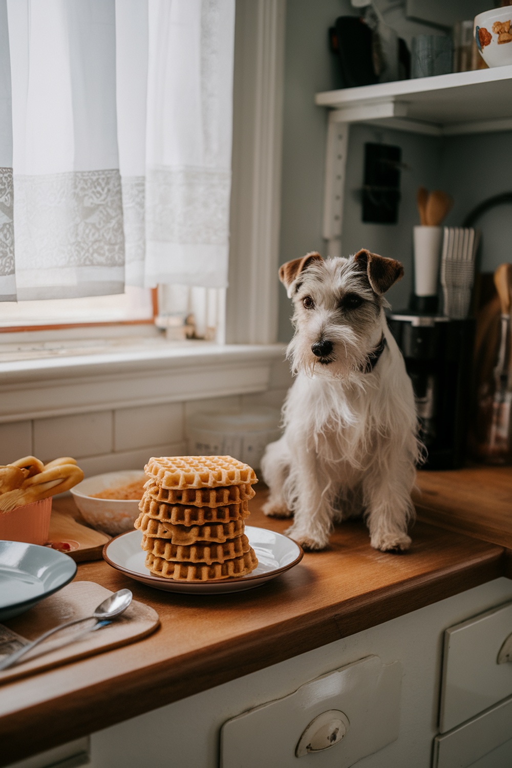 A terrier dog sitting next to a stack of pumpkin and peanut butter waffles on a kitchen counter.