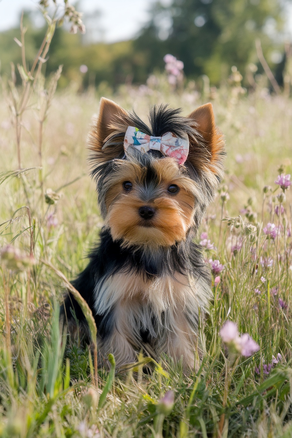 Yorkie puppy with a floral bow sitting in a field of flowers.