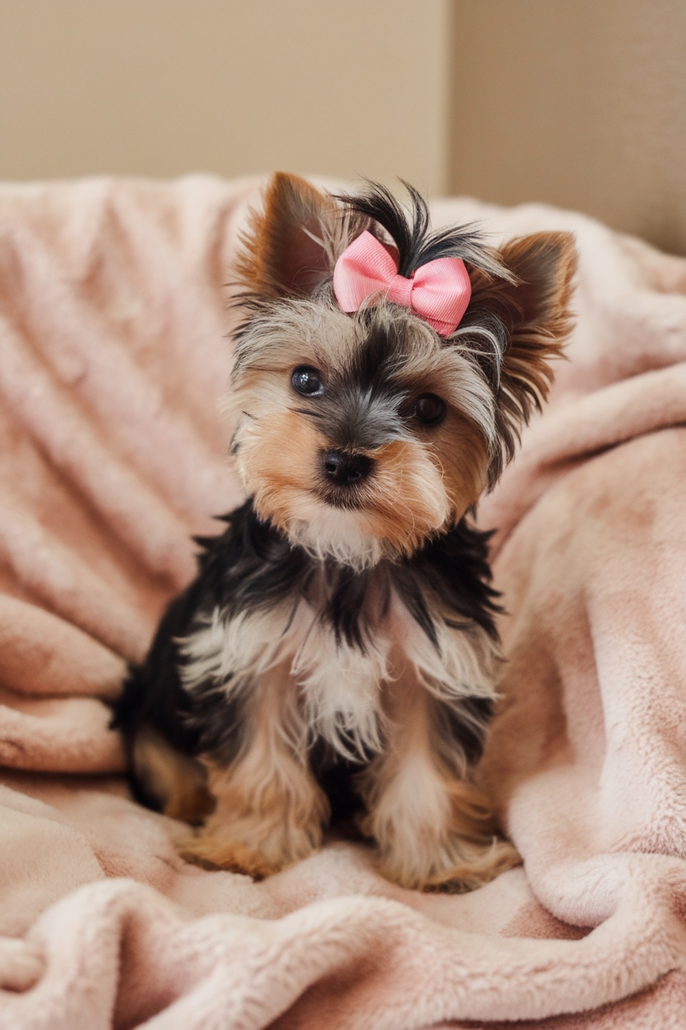 Yorkie puppy with a pink bow sitting on a soft blanket