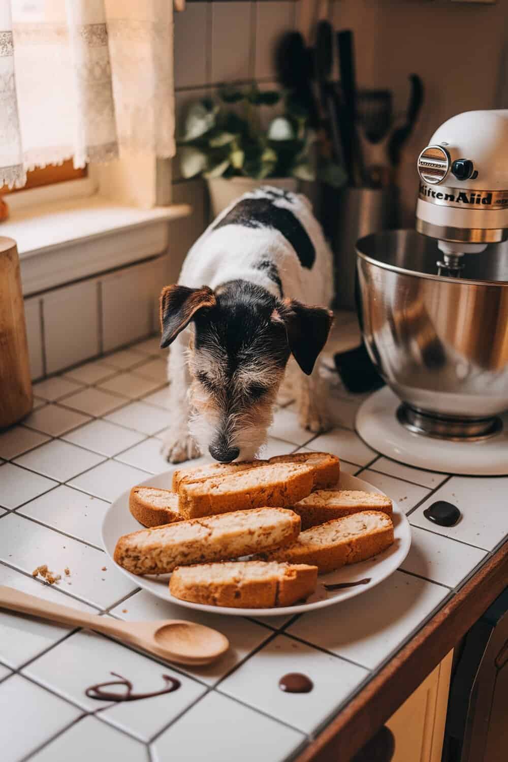A terrier dog sniffing a plate of coconut and almond biscotti on a kitchen counter.