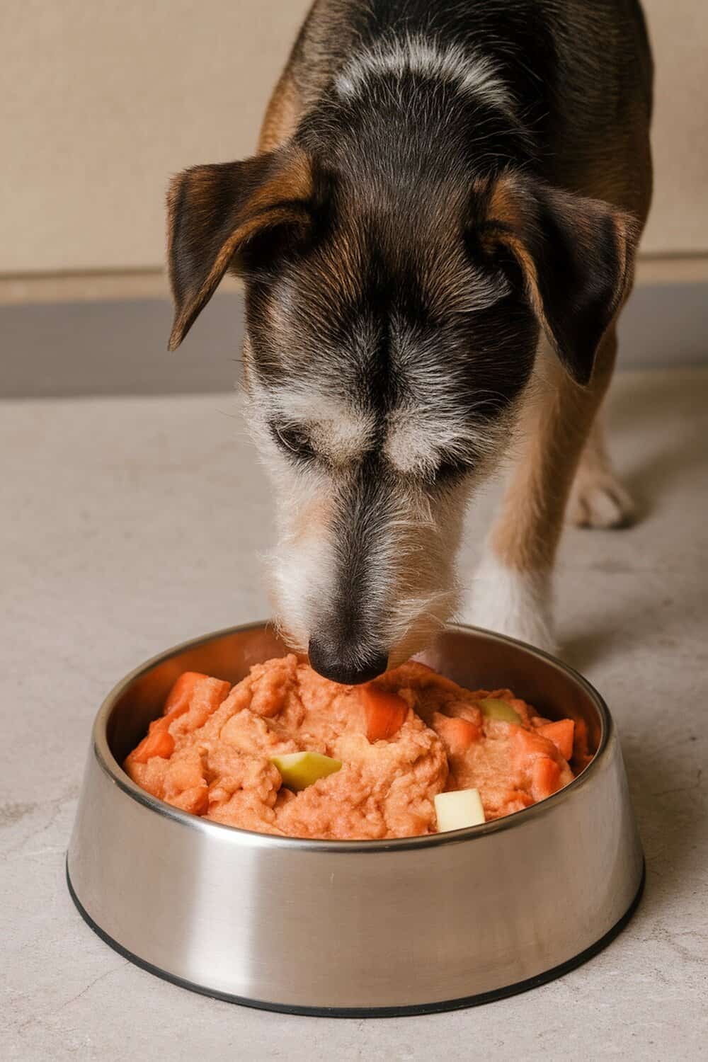 A terrier dog sniffing a bowl of carrot and apple mash.