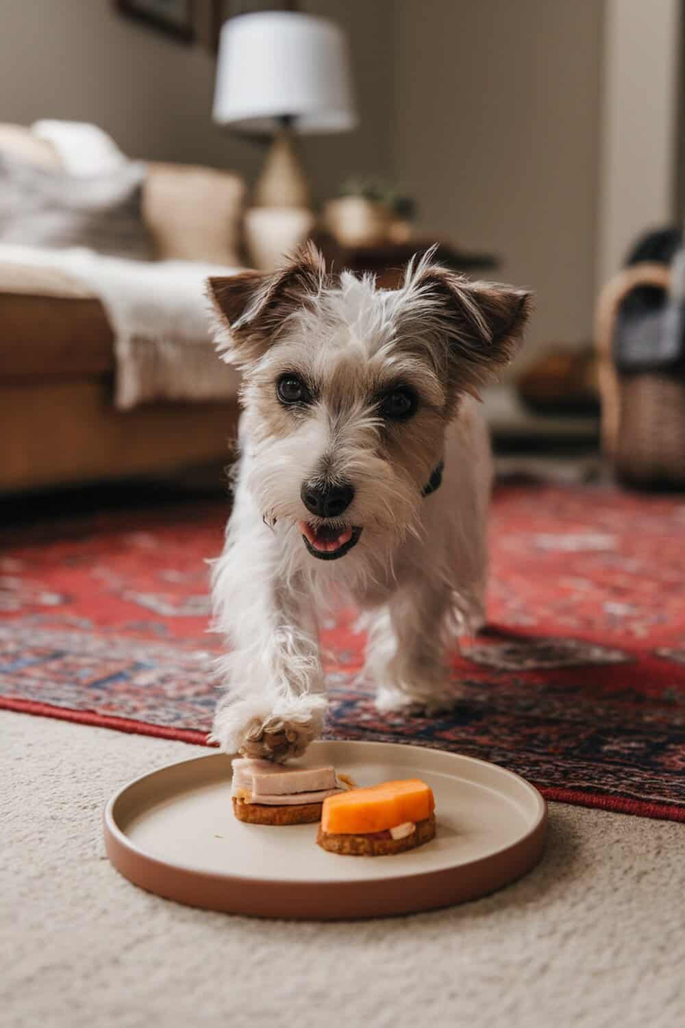 A happy terrier dog reaching for sweet potato and turkey bites on a plate.
