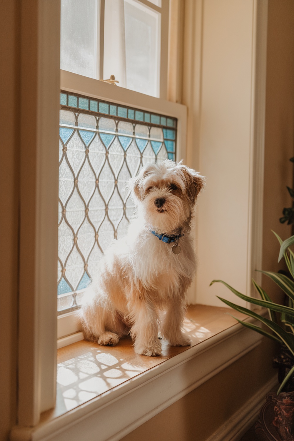 A Lhasa Apso Terrier mix sitting on a windowsill, looking out with a curious expression.