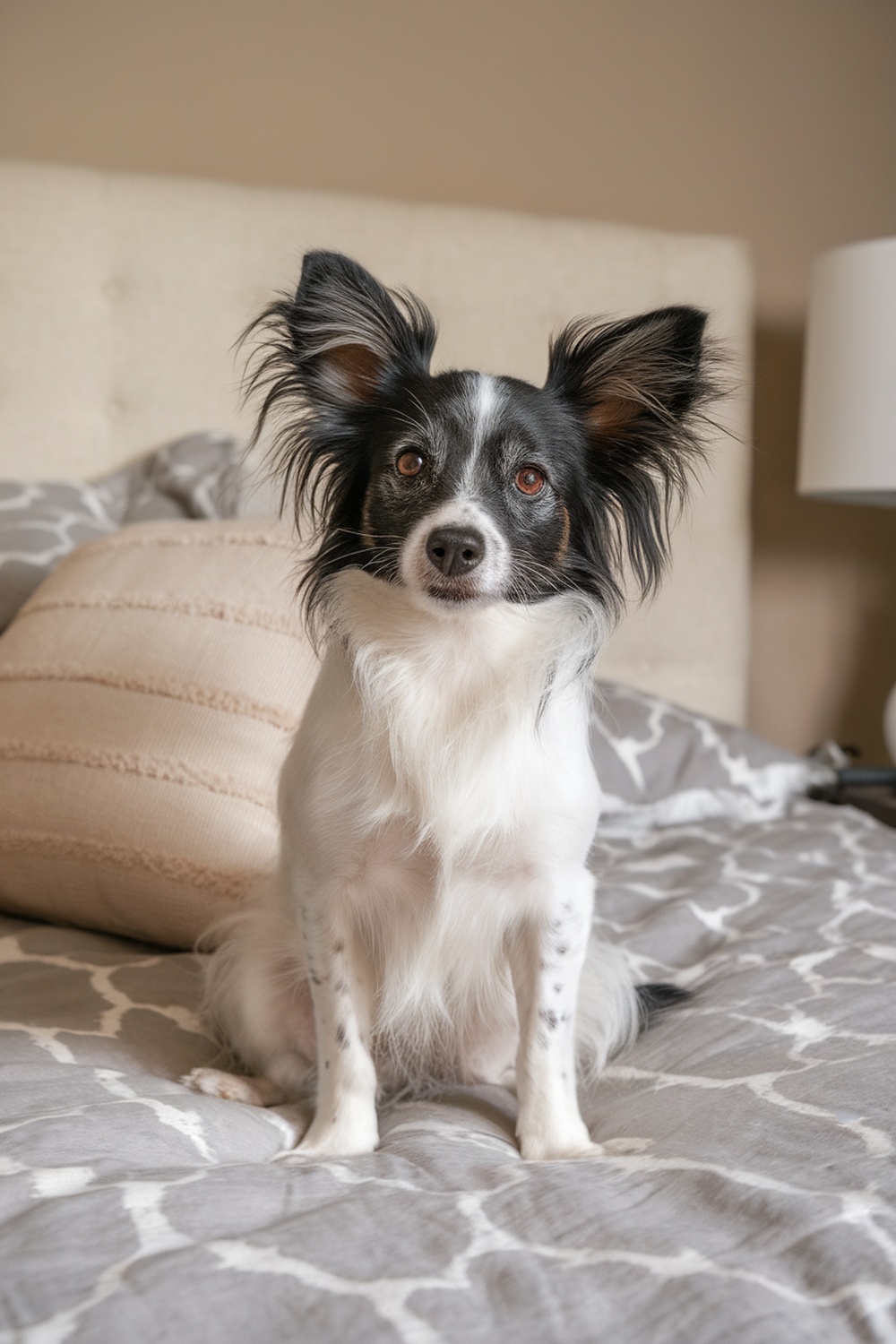 A Papillon Terrier mix dog sitting on a bed, showcasing its playful and affectionate nature.