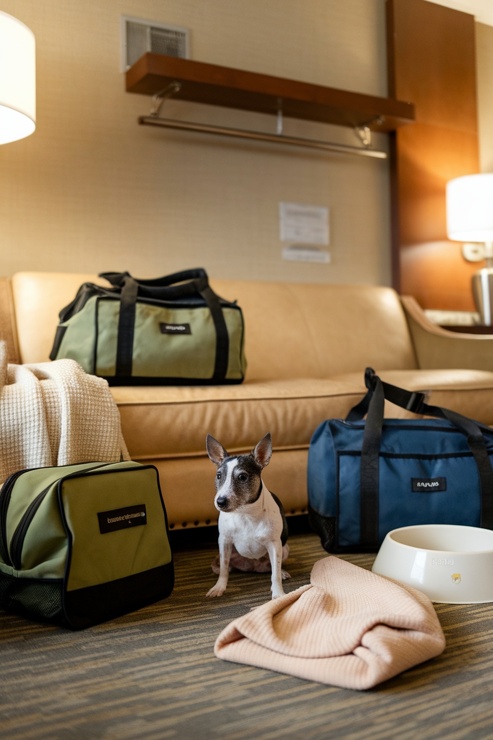A Rat Terrier sitting on the floor next to pet travel bags and a food bowl in a hotel room.