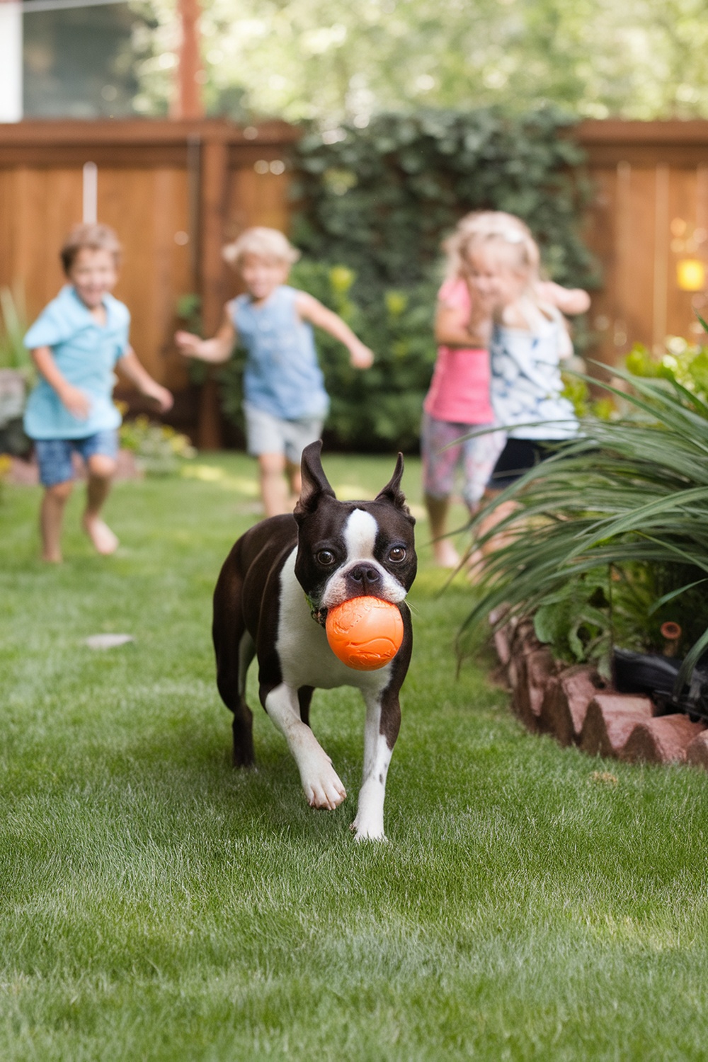 A Boston Terrier running with an orange ball while children play in the background.