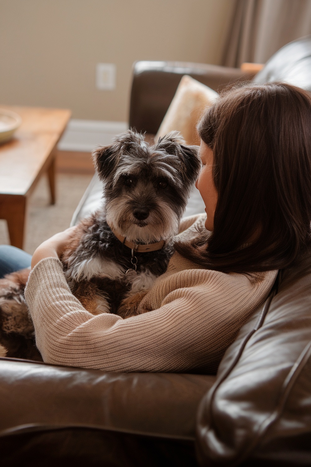A woman cuddling a Tibetan Terrier mix dog on a couch.