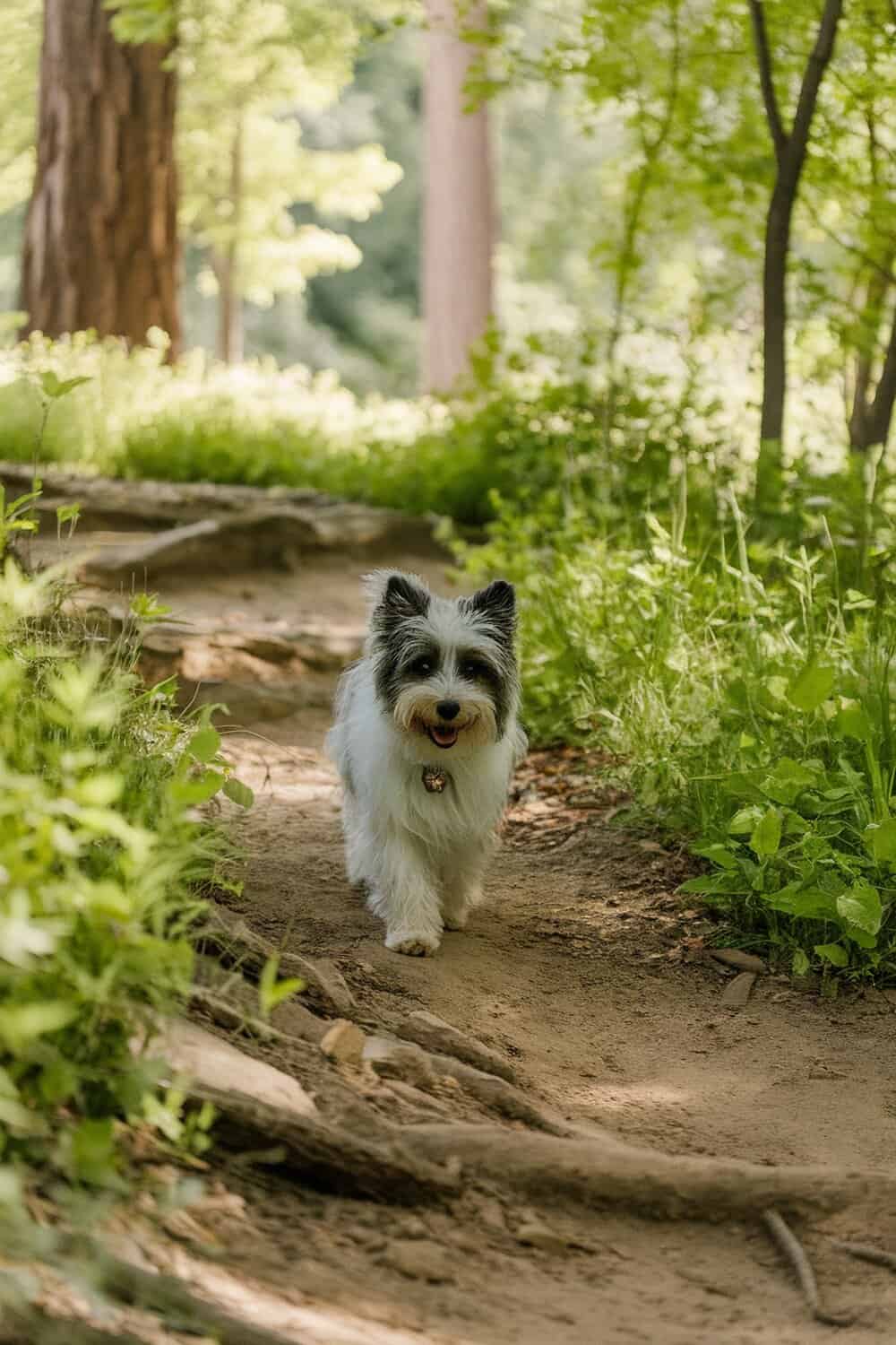 A cheerful Cairn Terrier mix walking along a forest path surrounded by greenery.