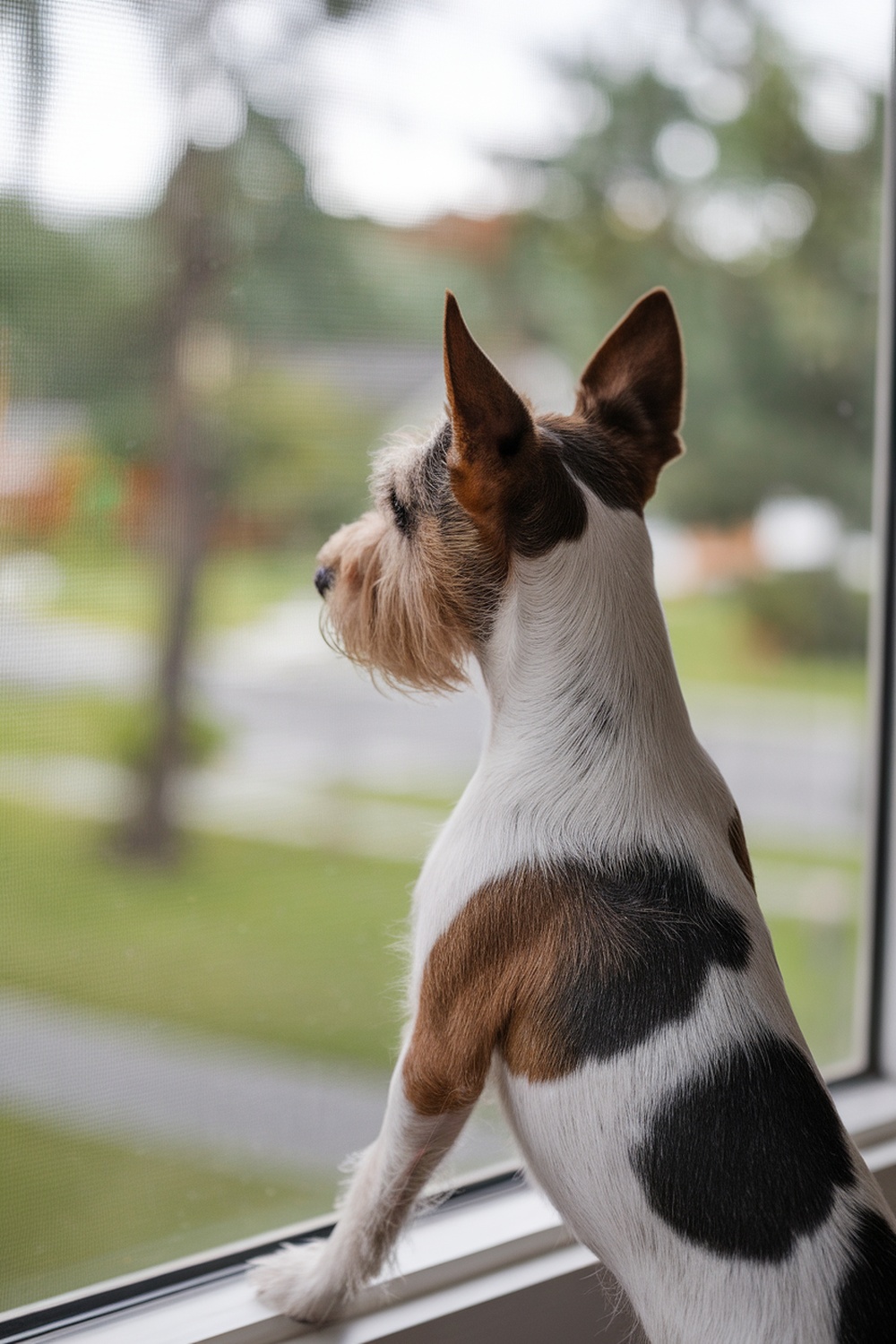 A terrier dog looking out of a window, showing signs of curiosity and possibly anxiety.