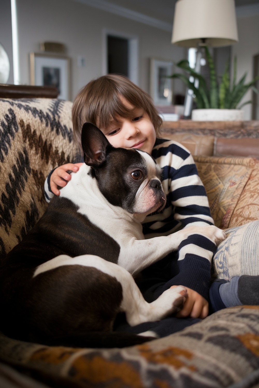 A young child cuddling with a Boston Terrier on a cozy couch.