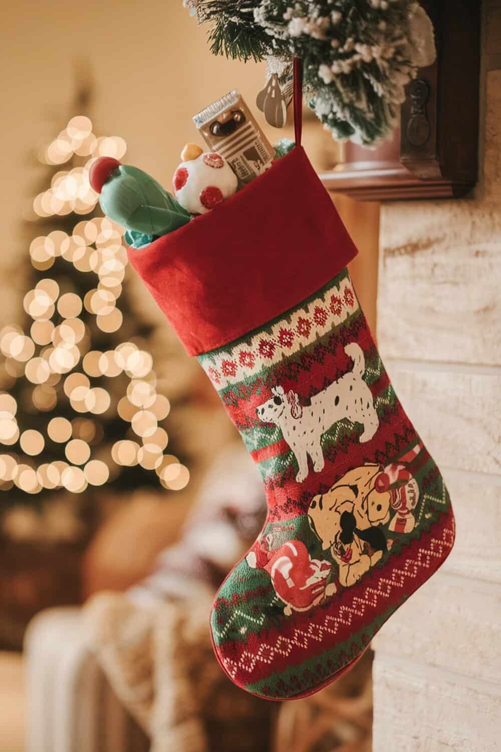 A colorful Christmas stocking filled with dog toys and treats, hanging by a fireplace.