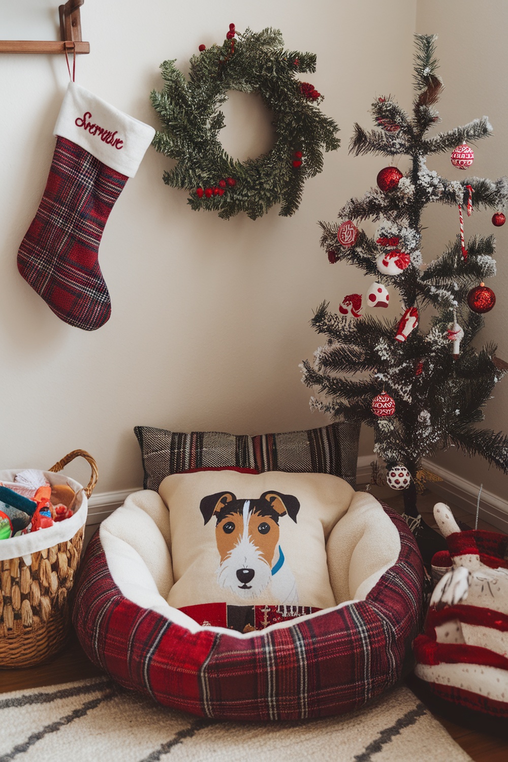 A cozy handmade dog pillow featuring a terrier design, placed in a festive holiday setting.