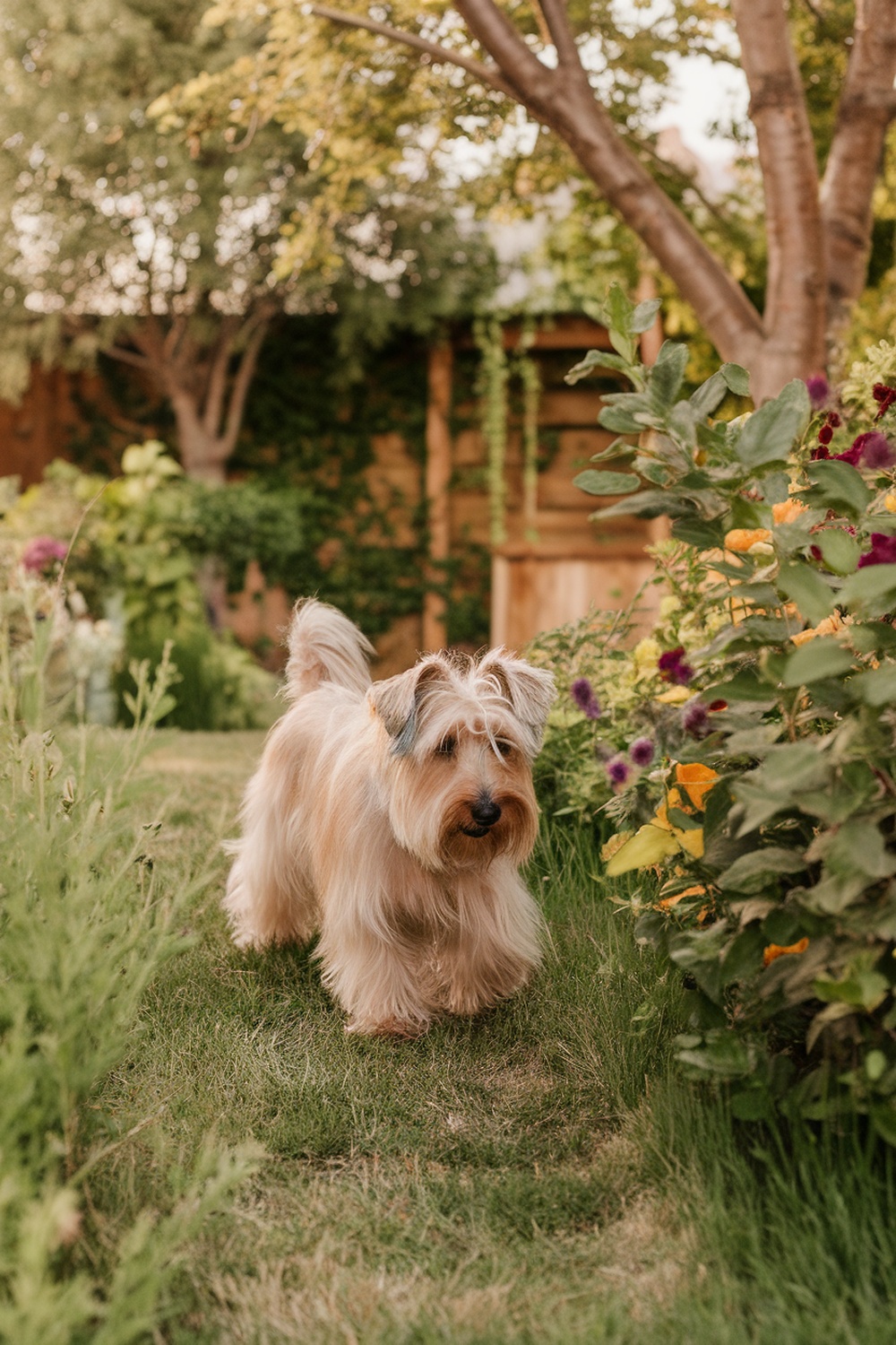 A Silky Terrier walking through a garden with flowers.