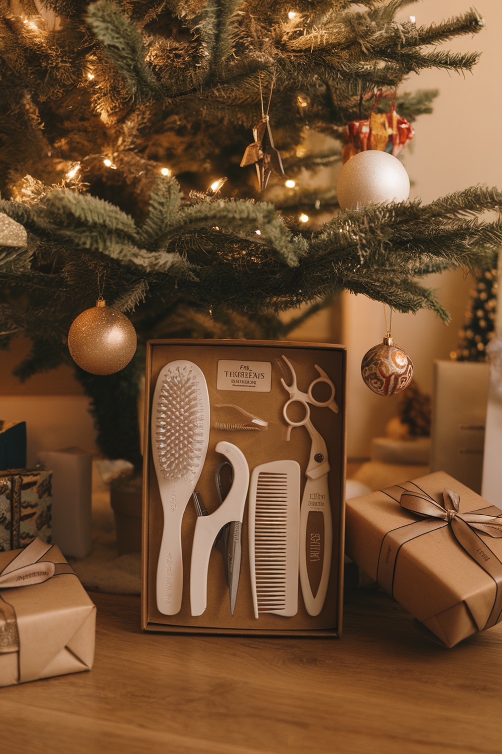 A dog grooming gift set with brushes, combs, and scissors, placed under a Christmas tree.