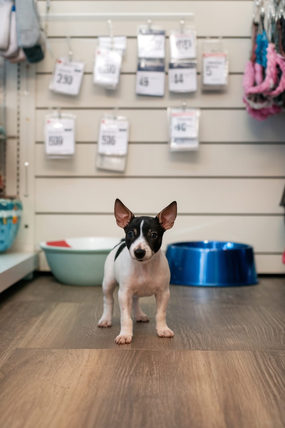 A Rat Terrier puppy in a pet store, showcasing its playful nature.