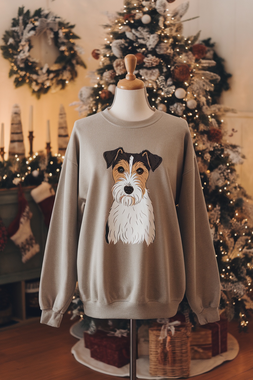 A sweatshirt with a terrier dog illustration displayed on a mannequin in a festive setting.