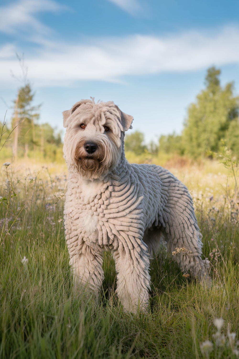 A Puli dog standing in a grassy field, showcasing its unique corded coat.