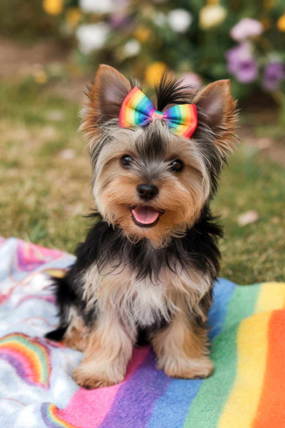 Yorkie puppy with a rainbow bow sitting on a colorful blanket.