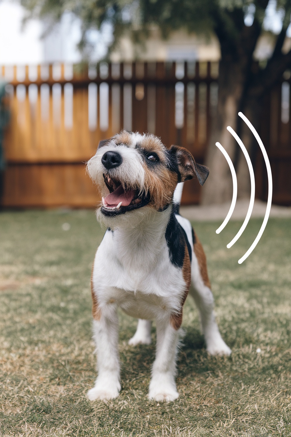 A happy terrier dog barking outdoors.