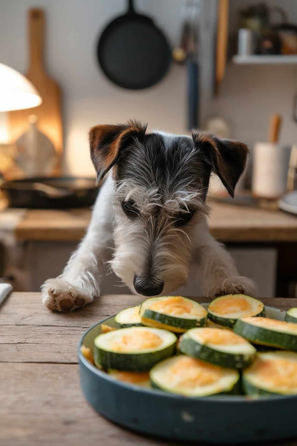 A terrier dog looking at a plate of zucchini and cheese bites on a wooden table.