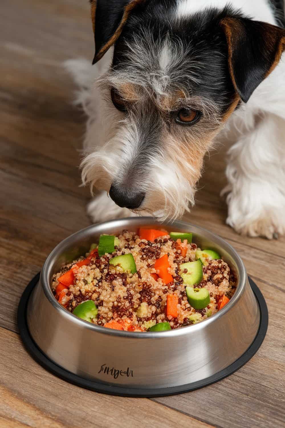 A terrier dog curiously looking at a bowl of quinoa mixed with colorful vegetables.