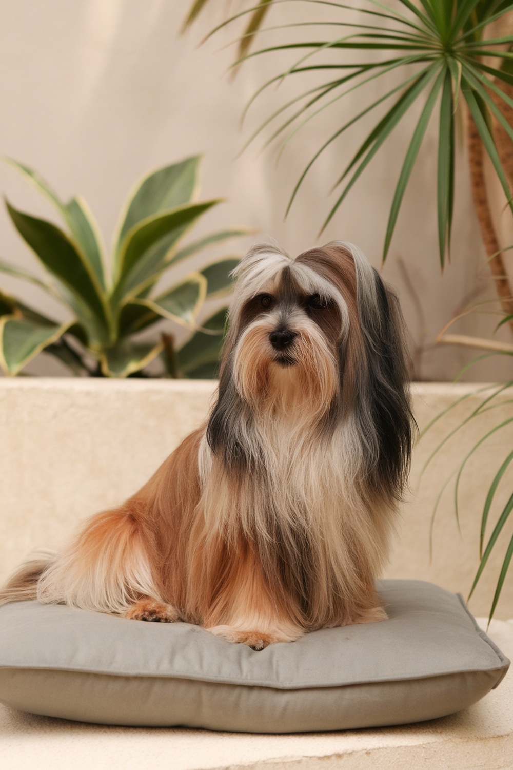 A Lhasa Apso sitting on a cushion, showcasing its long fur and playful demeanor.